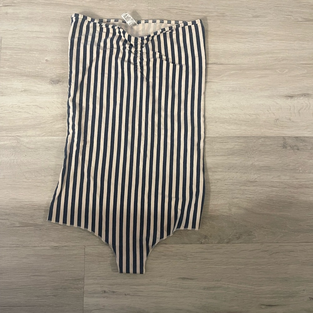 Striped strapless American apparel body suit blue and white